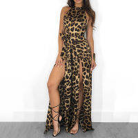 Womens Sexy Leopard Print Jumpsuit Cold Shoulder Halter Split Jumpsuits Women Sashes  Summer Fashion Party Rompers For Lady