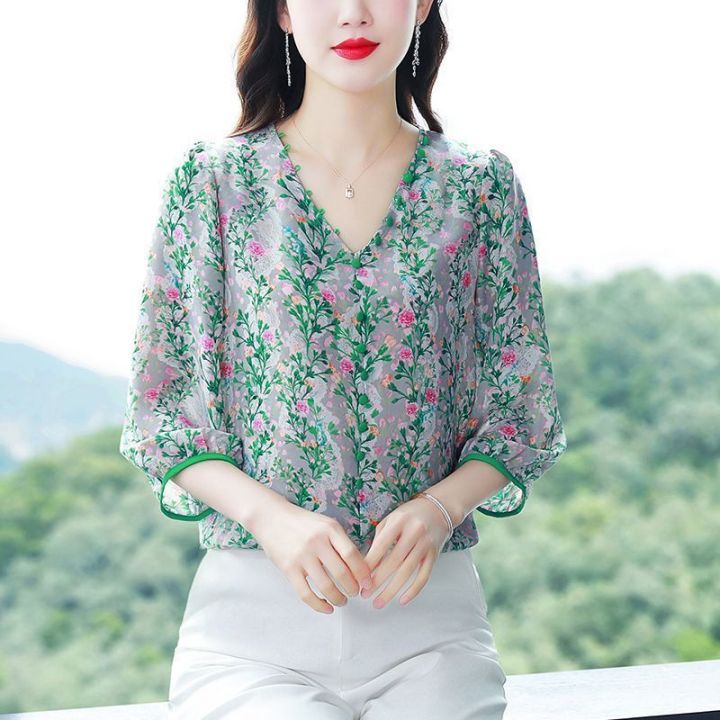 เจ็ดแขนหักดอกไม้ชีฟองเสื้อผู้หญิงฤดูร้อน-2023-ใหม่หลวมคอ-v-ออกแบบความรู้สึกพิมพ์ดอกไม้