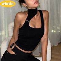 Wintin Ins European and American Style Sexy Chest Irregular Hollow-out Decorative Buckle Patchwork Turtleneck Backless T-shirt Camisole Female Summer