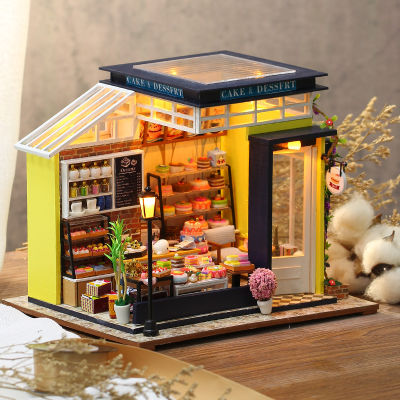 Cutebee DIY Dollhouse Miniature Wooden Doll House Dessert Store Kit with Furniture Lights Toys for Children Christmas Gift