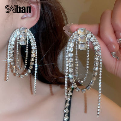 Saibanเข็มเงินฝังเพชรสี่เหลี่ยมรูปไข่พู่ต่างหูยุโรปและอเมริกาเกินจริงแสงต่างหูสตั๊ดต่างหูร้อยคู่ต่างหูใหม่Silver needle studded diamond square oval tassel earrings exaggerated light luxury earrings and versatile new earrings
