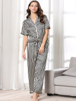 JULYS SONG Spring Satin Womens Pajamas Sets Stripe Short Sleeve Shirt Long Pants Nightwear Homewear Faux Silk Female Pyjamas