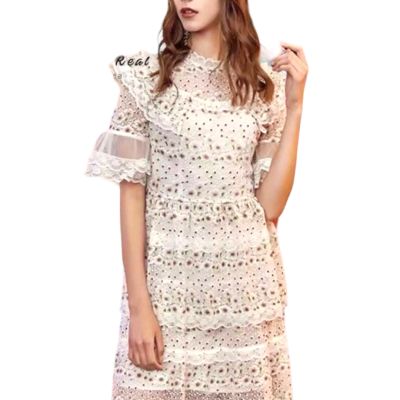 P010-097 PIMNADACLOSET - Short Sleeve Crew Neck Embroidery Lace Mesh Dress