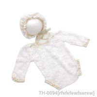 ♈ rfefefewfeerew 2 pçs newborn fotografia adereços bebê macacão chapéu roupa crianças foto tiro rendas beanies bodysuit roupas