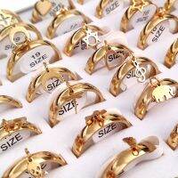 25pcs Female Gold Ring Wiith Charm Tags Women 4mm Band Stainless Steel Wedding Charm Rings Hang Pendant Girl Finger Accessories