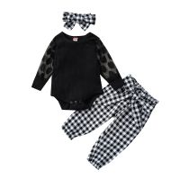 Baby Girl’s Tops and Trousers Suit Fresh Solid Color Long Sleeve Romper and Plaid Long Pants with Headband  by Hs2023