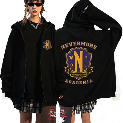Wednaddams Nevermore Academy Logy เสื้อฮู้ดมีซิปแฟชั่นสำหรับผู้หญิงฤดูใบไม้ผลิขนาดใหญ่เสื้อยืดผู้หญิงเสื้อโค้ทแจ็คเก็ตแต่งซิปผู้ชายสีดำ