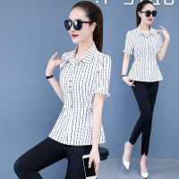 Slim Stripe Short Sleeve Shirt Women Tops Summer New Fashion All-match Korean Blouse