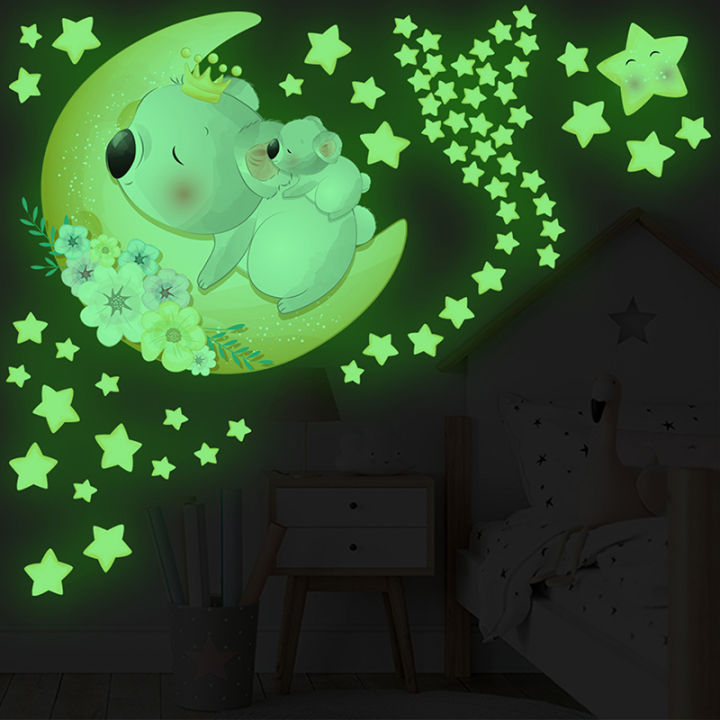 carmelun-สติกเกอร์ติดผนังรูปหมีเรืองแสงสติกเกอร์รูปพระจันทร์1แผ่นสติกเกอร์ติดผนังเรืองแสงดาว