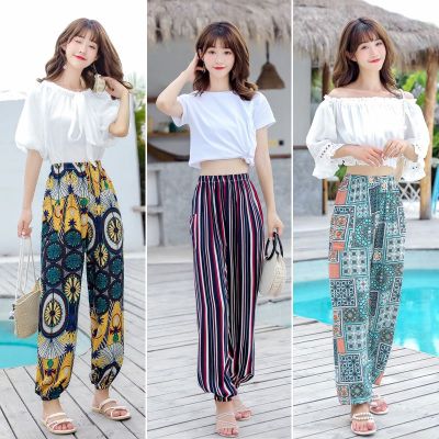 กางเกง Summer Cotton Silk Pajama Pants Womens Large Size Loose Thin Section Floral Home Wear Anti-mosquito Bloomers Wide-leg Beach Pants