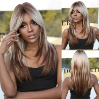 Ombre Blonde Brown Layered Synthetic Wigs Long Straight Brown Highlight Wig for Women Cosplay Heat Resistant Hair with Bangs Wig  Hair Extensions Pads
