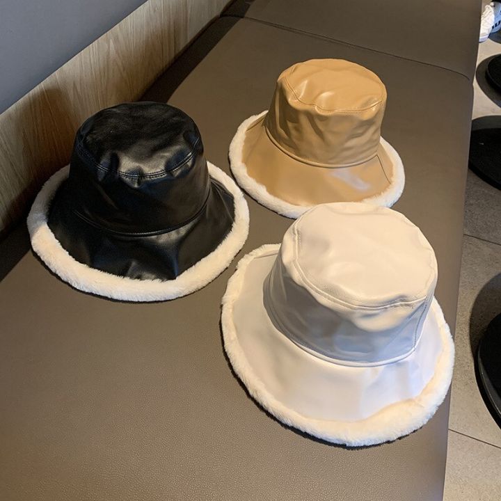 หมวกทรงถังหนังพียูสำหรับผู้หญิง-2021ฤดูใบไม้ร่วงฤดูหนาวหมวกหนังหมวกผู้หญิงปานามาให้ความอบอุ่นหนาสำหรับอ่าง