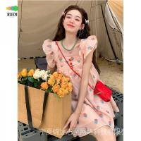 NINI [new season] Three-dimensional flower decoration Lotus sleeve floral dress summer temperament waist slimming square collar A- line short skirt for children V728