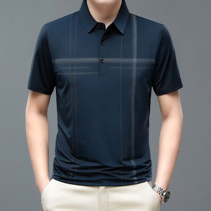 hot11-browon-brand-business-cal-men-t-shirts-regular-turn-down-collar-daily-work-tee-tops-striped-print-short-sleeve-tshirts-male