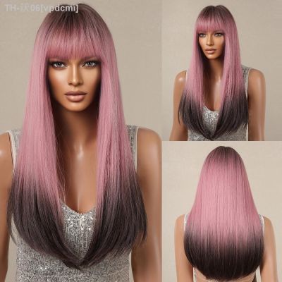 Pink Black Ombre Long Straight Synthetic Wigs for Women with Bangs Cosplay Party Lolita Wig Natural Fake Hair Heat Resistant [ Hot sell ] vpdcmi