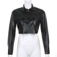 Missnight PU Leather Jacket Solid Black Single Breasted Pockets Lapel Collar Leather Blazer Long Sleeve Winter Jacket Women