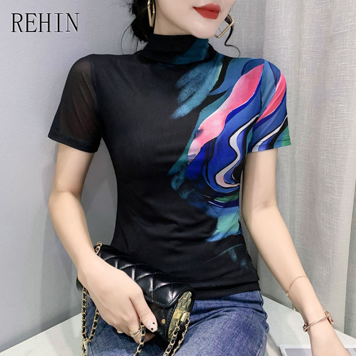 rehin-ผู้หญิงแขนสั้นเสื้อยืดคอสูงเสือดาวพิมพ์-slim-s-3xl-ตาข่ายเสื้อ-elegant