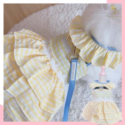 Glitter Pooch Harness ชุดรัดอก สายจูง เสื้อผ้า สุนัข, หมา, แมว, สัตว์เลี้ยง พร้อม สายจูง รุ่น Plaid Plaid Girl Yellow