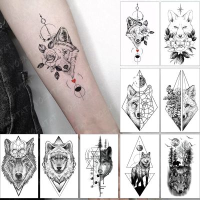 【YF】 Waterproof Temporary Tattoo Sticker Geometry Black Wolf Fox Forest Moon Flower Flash Tatoo Fake Tatto For Body Art women Men