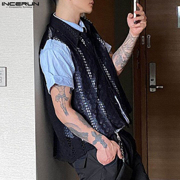 incerun-เสื้อแขนกุดกลวงออกลายดอกไม้สำหรับผู้ชาย-เสื้อเสื้อลูกไม้วินเทจปกอเนกประสงค์-สไตล์เกาหลี