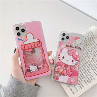 แป้งทรายดูดะยิบระยับการ์ตูนน่ารักสีชมพู Sanrio Hello Kitty เคสสำหรับไอโฟนโทรศัพท์15 14 13 12 11 Pro Max XR XS MAX 7 8 Plus ฝาหลัง