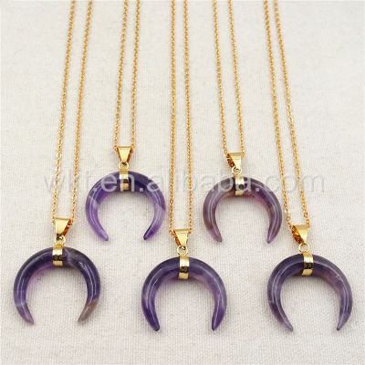 WT-N851 All-match Crystal Horn Necklace ,Women stone Horn Necklace &amp; Pendant Purple Crystal with gold chain horn necklace 5pcs