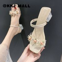 KKJ MALL Ladies Sandals 2022 Summer New High-heeled Slippers Korean Version Fashion Flower Thick-heeled Sandals and Slippers