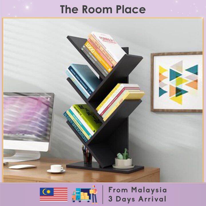 Wooden 5 Shelf Tree Shape Bookshelf Compact Book Rack Bookcase Rak Buku ...