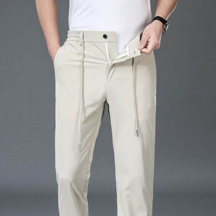 hot11-browon-black-pants-men-2023-summer-new-ice-silk-sports-cal-pants-thin-breathable-elastic-solid-color-mid-straight-trousers