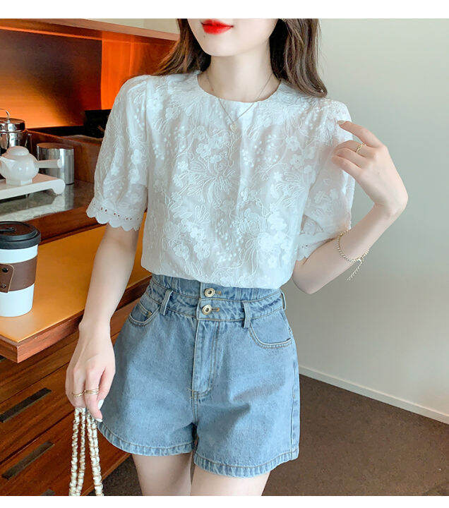 ammin-2023-summer-new-round-neck-short-sleeve-chiffon-shirt-womens-korean-style-embroidered-three-dimensional-flowers-sweet-puff-sleeves-white-elegant-blouse-female-ins-tops