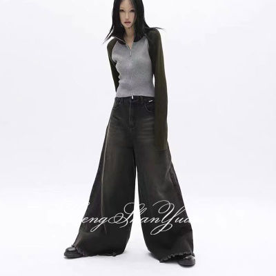 HengShanYuan กางเกงม็อบถูพื้นสำหรับผู้หญิงสีฟ้าอ่อนกางเกงยีนส์แต่งลายขาดๆฤดูร้อนกางเกงขาม้าเอวสูงลดไขมัน ยีนส์ Y2K