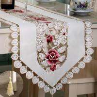 HELLOYOUNG Vintage Embroidered Peony Satin Fabric Cutwork Wedding Banquet Table Runner Dresser Scarf 4 Size