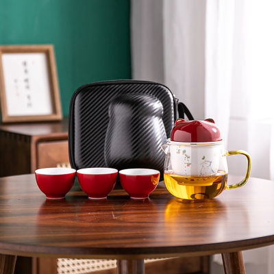 Travel tea set 1teapot 3cups glass teapot portable bag Kung Fu tea cup little cute cat glass express cup