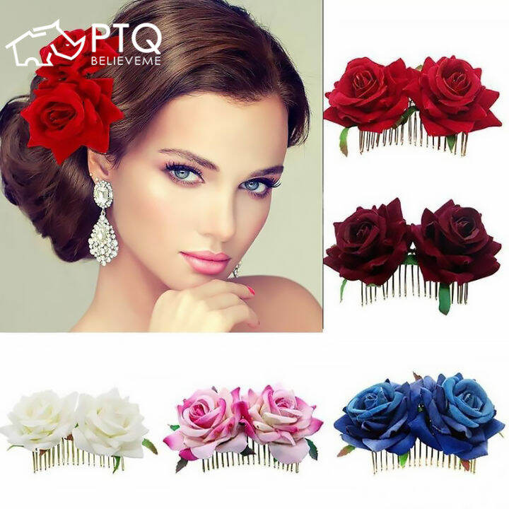 Elegant Simulated Rose Hair Comb Hair Clip for Women Flannel Flower