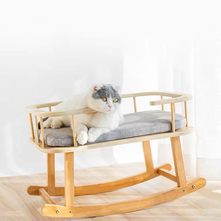 xcutememeow-ที่นอนแมว-เตียงนอนแมวโยก-เตียงนอนไม้สำหรับสัตว์เลี้ยง-ที่นอนแมว-เก้าอี้โยกแมว-เตียงไม้แมว-โยกเบาๆให้แมวนอน-แถมฟรีตัวเบาะ