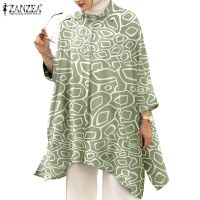 ZANZEA Women Casual Irregular Hem Collared Bat Sleeve Printed Muslim Blouse