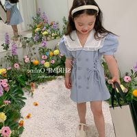 Cute Baby Girls Puff Sleeve Bandage Dress Summer Lace Turn Down Collar Korean Style Kids Blazer Dresses Party Children Clothes  by Hs2023