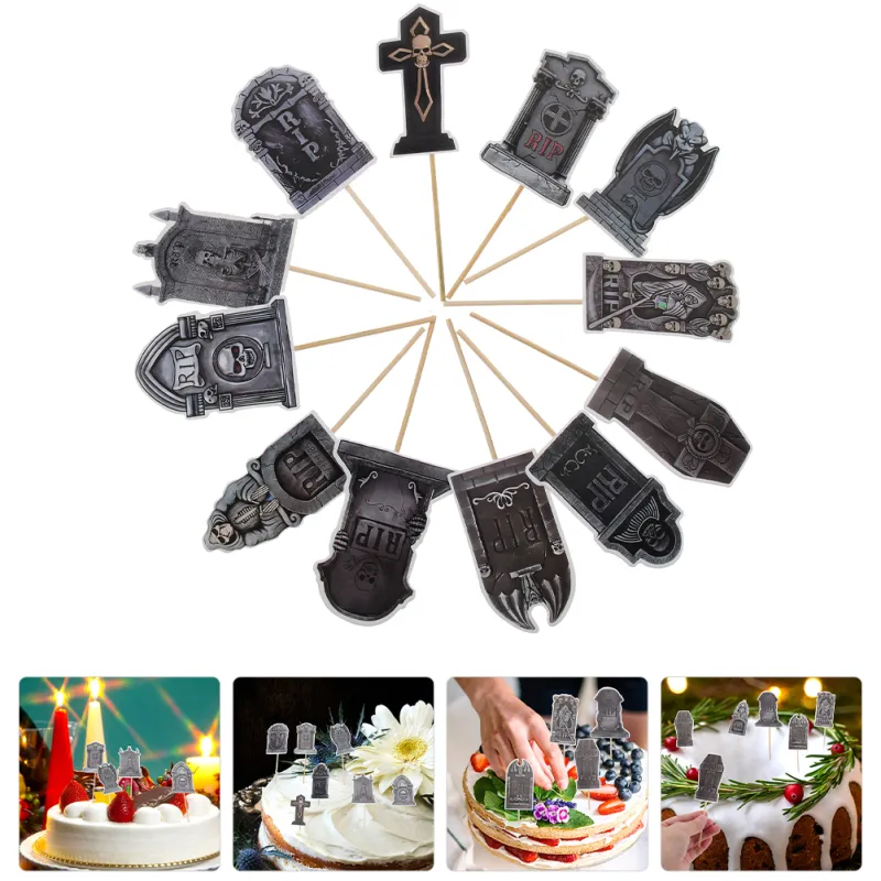 12 Pcs Halloween Decor Party Decorations Tombstone Cupcake Toppers ...