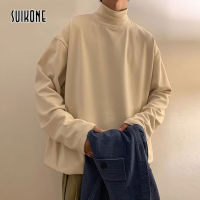 Suikone เสื้อยืดแขนยาวคอเต่าแขนยาวผ้ากำมะหยี่ชาย,เสื้อแขนยาวทรงหลวมแนวย้อนยุคเสื้อยาวปิดถึงก้น