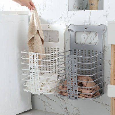 Upgraded Plastic Dirty Laundry Basket Foldable Home Dirty Hamper Sturdy Handle with 2 No Drilling Hooks