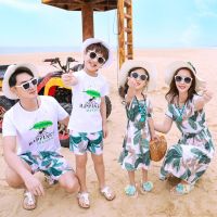 Summer Family Matching Outfits Mother Daughter Beach Chiffon Dresses Dad Son Cartoon T-shirt+Shorts Mother Father Kid Clothing