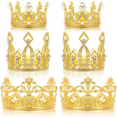 6 Pcs Gold Mini Crown Cake Topper Crystal Pearl Tiara Cupcake Toppers for Wedding Birthday Party