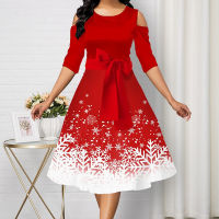 Christmas Dress Women Long Sleeve V-neck Snowflake Print Dresses  New Holiday Casual Party Ladies Mini Dress Plus Size S-5XL