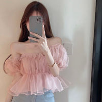 CXSC Store French Niche Off-The-Shoulder Sweet Puff Sleeve Short Shirt Women S Summer Floral Design Sense One-Shoulder Pure Desire Top