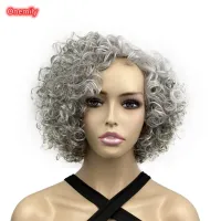 Onemily Halloween Short Kinky Curly Asymmetrical Wig Ombre Silver Gray Natural Women Wigs Cosplay Costume Party Theme Party Wig  Hair Extensions Pads