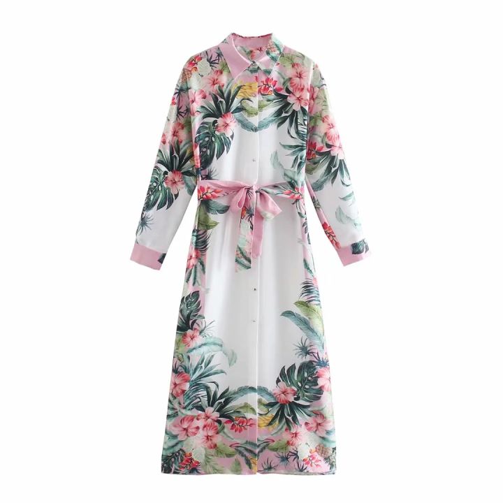 2021ZA 2021 women lapel Side split shirt Dresses Fashion Squiggle Vestidos Single breasted Printed Midi Dress Bow Sashes Flower Robe