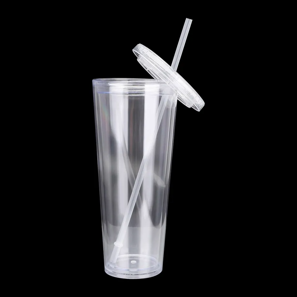 Transparent Straw Double Layer Cup Plastic Reusable Clear Glass Travel  Juice Cup With Lid Straw 1pcs