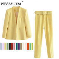 WESAY JESI Womens Office Suit Fashion Blazer Pantsuit Simple Solid Color Suit Collar Long Sleeve Trousers 2 Piece Set Blazer