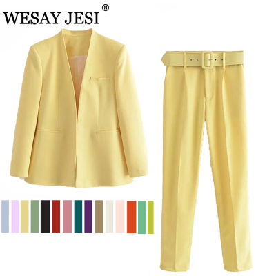 WESAY JESI Womens Office Suit Fashion Blazer Pantsuit Simple Solid Color Suit Collar Long Sleeve + Trousers 2 Piece Set Blazer