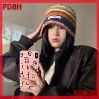 PDBH หมวกโครเชต์ลายทางสีรุ้ง2023,หมวกถักผ้าโครเชต์ถักมือหมวกทรงถังแฟชั่นฤดูใบไม้ร่วงฤดูหนาว